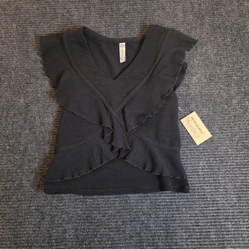 Black Victorian Layering Piece Or Whimsy Goth Ruffled V-Neck Blouse NWT S